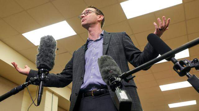 State Education Commissioner Mike Morath talks to the press following a tour of William James Middle School on Thursday, Aug. 28, 2025, in Fort Worth.